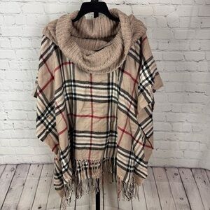 V. Fraas Plaid Poncho Knit Collar Button Sides One Size